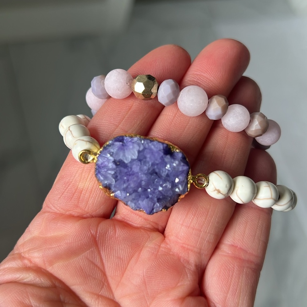 🆕 Pomina Purple Druzy Bead Bracelet Faux Stone Stretch Stackable Set